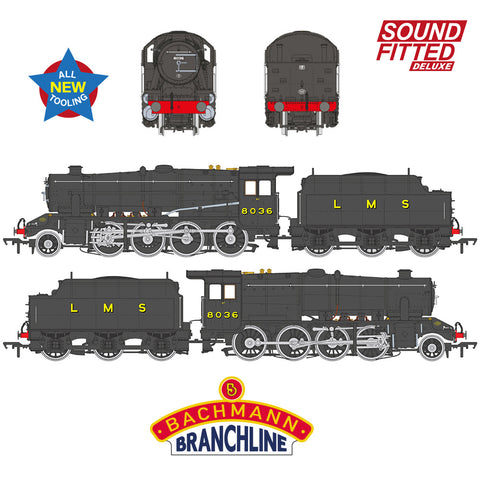 Bachmann 35-225SFX OO Gauge LMS 8F with Riveted Tender 8036 LMS Black SOUND FITTED DELUXE