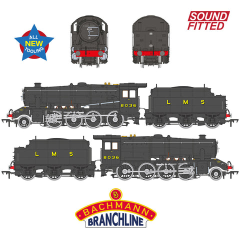 Bachmann 35-225SF OO Gauge LMS 8F with Riveted Tender 8036 LMS Black SOUND FITTED