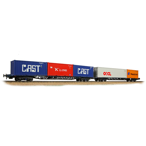Bachmann 38-627A OO Gauge BR FGA Outer Flats 2-Pack BR Blue (TOPS), 5 x 20/40ft ISO Containers