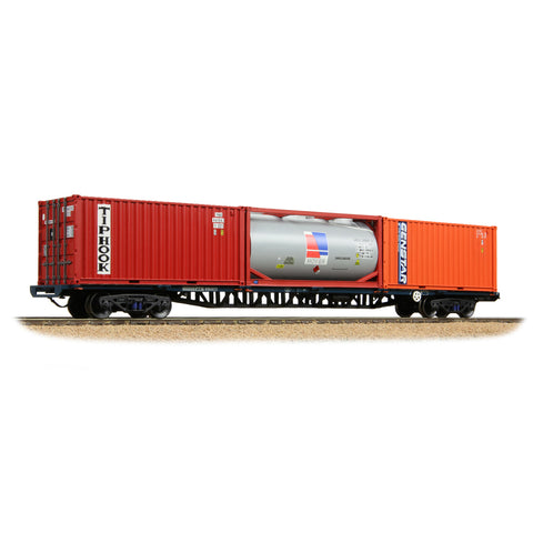 Bachmann 38-628A OO Gauge BR FFA Inner Flat BR Blue (TOPS), 2 x 20ft & 1 x Tank ISO Containers