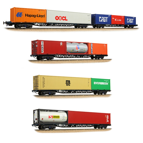 Bachmann 38-630 OO Gauge BR FFA/FGA Flats 5-Wagon Bundle - BR Blue (TOPS) with ISO Containers