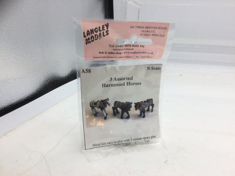 Langley A58 N Gauge Whitemetal 3 Assorted Harnessed Horses (UNPAINTED)