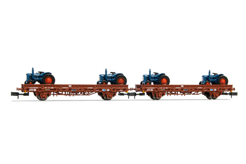 Arnold HN6488 N Gauge RENFE Ks Flat Wagon Set (2) w/EbroTractor Load III