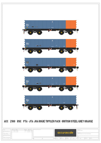 Accurascale 2100BSC OO Gauge PTA/JTA+JUA Bogie Tippler Pack - British Steel (Outer)