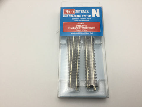 Peco ST-3001 N Gauge Pack of 8 ST-1 87mm Straight Track